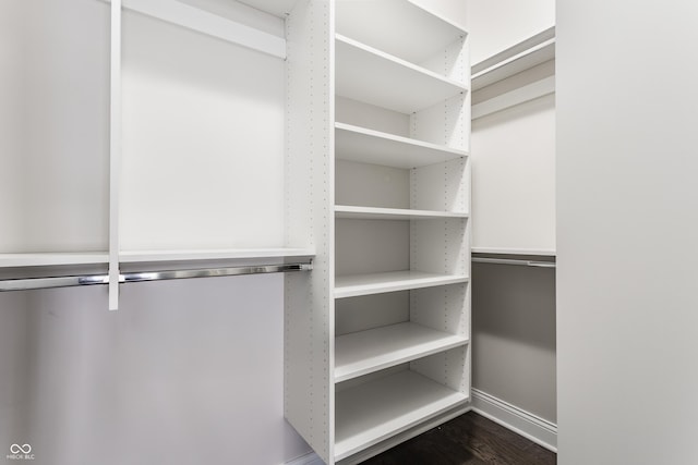 walk in closet with dark wood finished floors