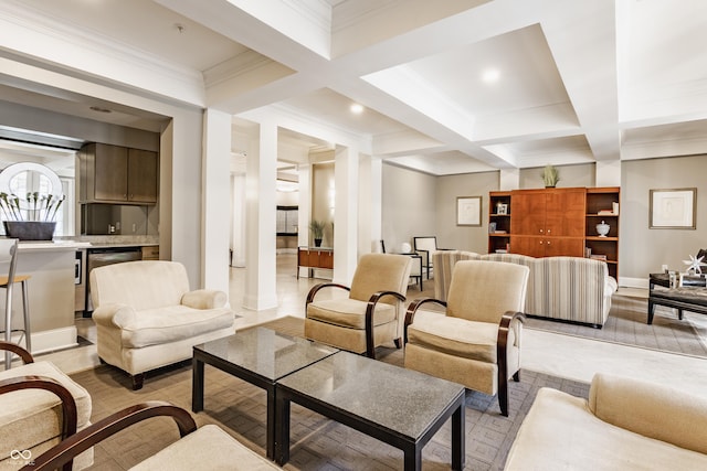 living area with ornamental molding, coffered ceiling, beam ceiling, baseboards, and recessed lighting
