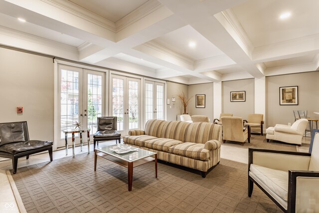 living area with coffered ceiling, beam ceiling, french doors, crown molding, and light carpet