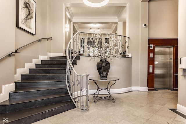 staircase featuring elevator, crown molding, and baseboards