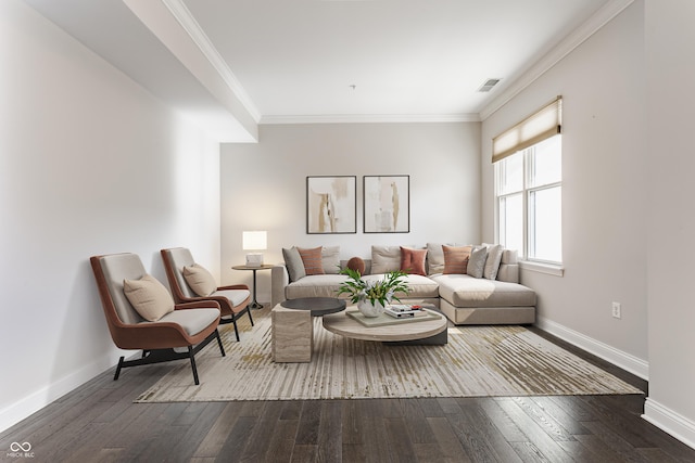 living room featuring dark wood-style flooring, baseboards, and crown molding