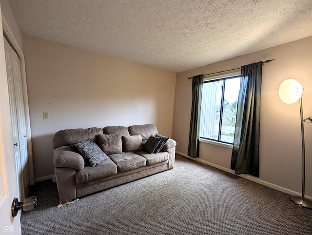 living room featuring carpet, baseboards, and a textured ceiling