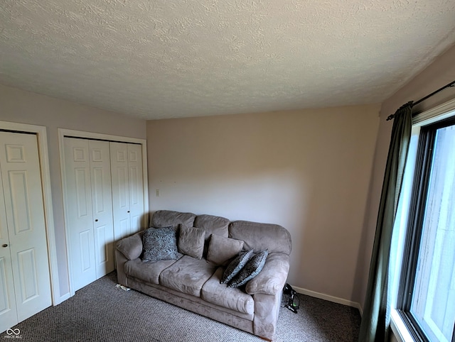 living room featuring carpet flooring and a textured ceiling