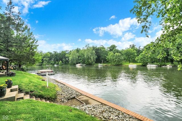 1530 E 75th St, Indianapolis, IN 46240 - water view featuring a boat dock, a gazebo, and a forest