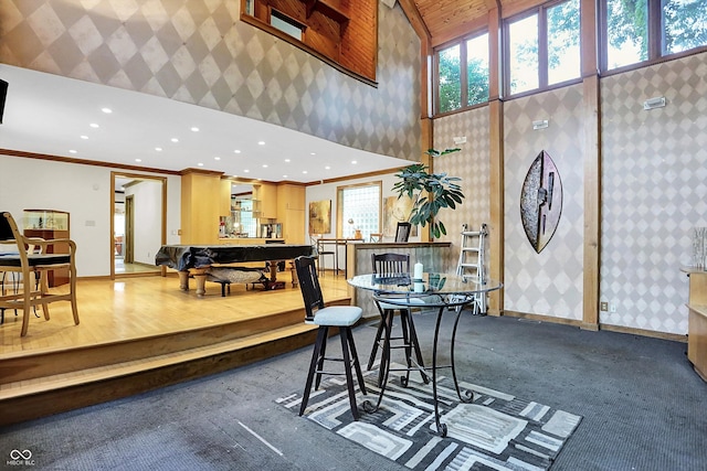 1530 E 75th St, Indianapolis, IN 46240 - carpeted dining area with a high ceiling, recessed lighting, crown molding, baseboards, and billiards table