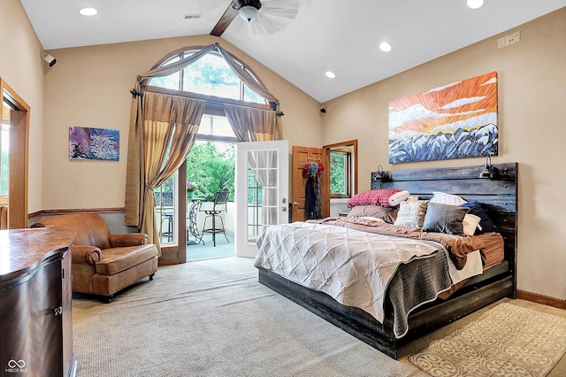 1530 E 75th St, Indianapolis, IN 46240 - bedroom featuring access to exterior, recessed lighting, ceiling fan, carpet floors, and high vaulted ceiling