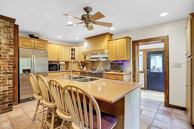 1530 E 75th St, Indianapolis, IN 46240 - kitchen featuring stainless steel fridge with ice dispenser, custom exhaust hood, a ceiling fan, black microwave, and a sink