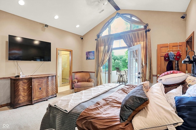 1530 E 75th St, Indianapolis, IN 46240 - bedroom featuring access to outside, high vaulted ceiling, light carpet, ensuite bath, and beam ceiling