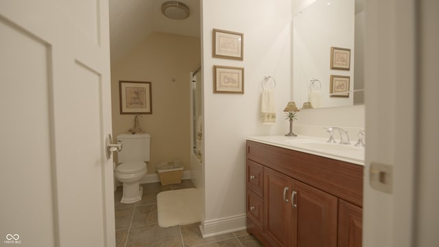 4363 E State Road 252, Franklin, IN 46131 - bathroom featuring vanity, tile patterned floors, toilet, vaulted ceiling, and shower / washtub combination