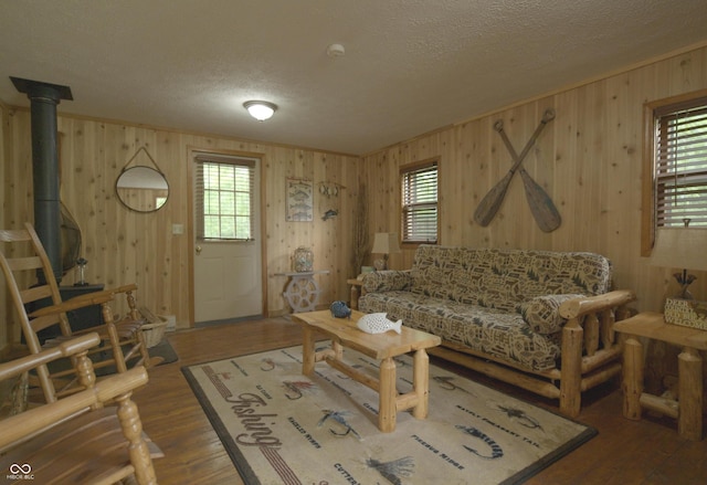 4363 E State Road 252, Franklin, IN 46131 - living room featuring a textured ceiling, wood walls, wood finished floors, and a wood stove