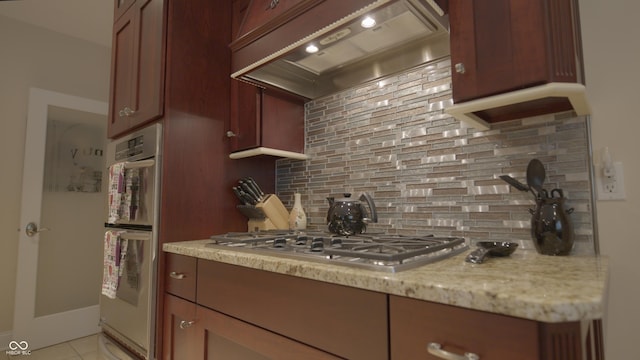 4363 E State Road 252, Franklin, IN 46131 - kitchen featuring custom exhaust hood, backsplash, stainless steel appliances, light tile patterned floors, and light stone counters