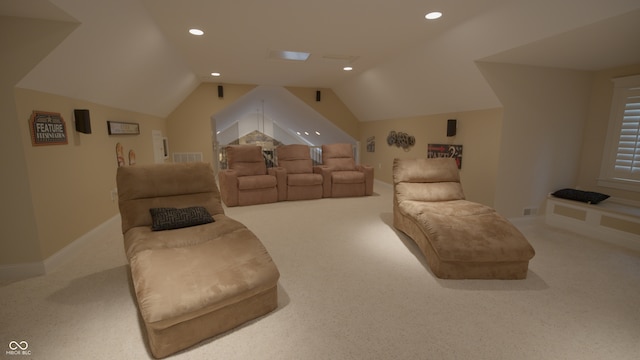 4363 E State Road 252, Franklin, IN 46131 - home theater room featuring carpet flooring, vaulted ceiling, recessed lighting, and baseboards