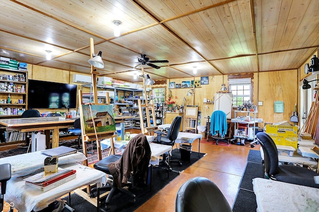 7655 N Kitchen Rd, Mooresville, IN 46158 - office space with wooden ceiling, concrete flooring, a ceiling fan, a workshop area, and wood walls