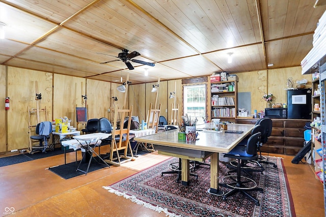 7655 N Kitchen Rd, Mooresville, IN 46158 - office area featuring wooden walls, wood ceiling, and a ceiling fan