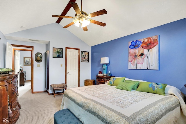 7655 N Kitchen Rd, Mooresville, IN 46158 - bedroom featuring lofted ceiling, light carpet, baseboards, and a ceiling fan