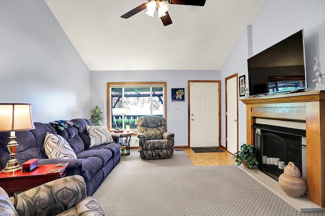 7655 N Kitchen Rd, Mooresville, IN 46158 - living area featuring a fireplace, ceiling fan, high vaulted ceiling, and baseboards
