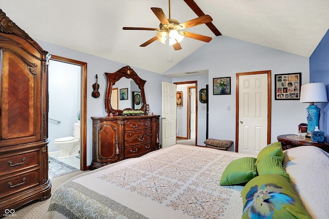7655 N Kitchen Rd, Mooresville, IN 46158 - bedroom with vaulted ceiling, carpet, ensuite bathroom, and ceiling fan