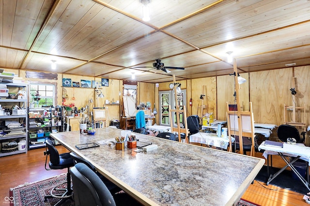 7655 N Kitchen Rd, Mooresville, IN 46158 - basement featuring wooden ceiling, ceiling fan, and wooden walls