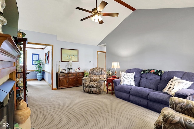 7655 N Kitchen Rd, Mooresville, IN 46158 - carpeted living room featuring lofted ceiling, ceiling fan, a fireplace, and baseboards