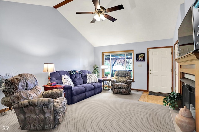7655 N Kitchen Rd, Mooresville, IN 46158 - living area featuring a ceiling fan, a fireplace, high vaulted ceiling, and baseboards