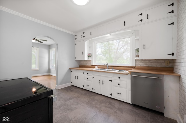 6851 W County Road 550 S, Daleville, IN 47334 - kitchen featuring stainless steel dishwasher, black electric range oven, a sink, butcher block countertops, and open shelves