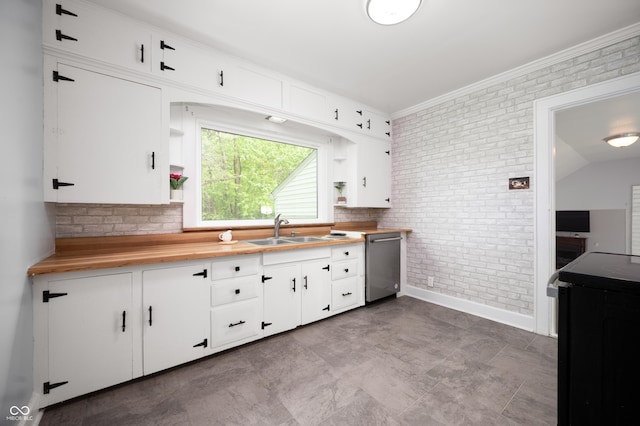 6851 W County Road 550 S, Daleville, IN 47334 - kitchen featuring a sink, dishwasher, brick wall, open shelves, and ornamental molding