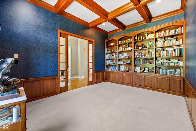 3107 Waterfront Cir, Anderson, IN 46012 - carpeted empty room featuring coffered ceiling, beamed ceiling, and wainscoting