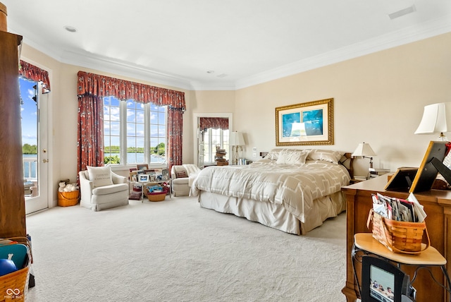 3107 Waterfront Cir, Anderson, IN 46012 - bedroom with carpet, access to exterior, and crown molding