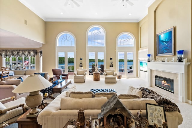 3107 Waterfront Cir, Anderson, IN 46012 - common area featuring a water view, crown molding, and a high ceiling