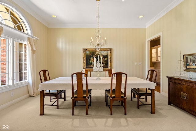 3107 Waterfront Cir, Anderson, IN 46012 - dining space featuring a chandelier, light colored carpet, ornamental molding, baseboards, and recessed lighting