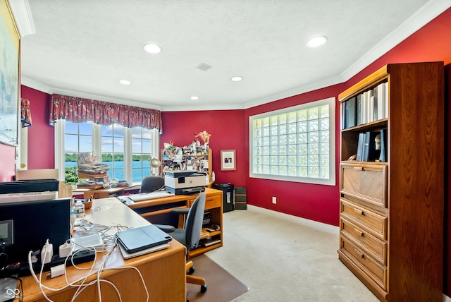 3107 Waterfront Cir, Anderson, IN 46012 - carpeted home office featuring recessed lighting, ornamental molding, and baseboards