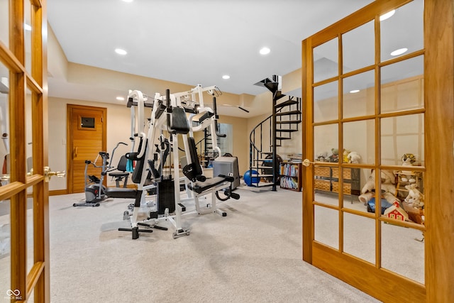 3107 Waterfront Cir, Anderson, IN 46012 - workout area featuring french doors, recessed lighting, and carpet flooring