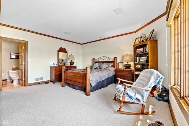 3107 Waterfront Cir, Anderson, IN 46012 - bedroom with carpet floors, ornamental molding, ensuite bath, and baseboards