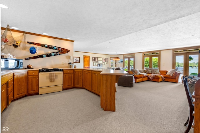 3107 Waterfront Cir, Anderson, IN 46012 - kitchen with white range with electric cooktop, light carpet, a textured ceiling, french doors, and a peninsula