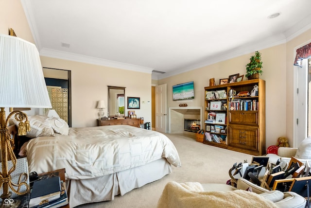 3107 Waterfront Cir, Anderson, IN 46012 - carpeted bedroom featuring ornamental molding and a warm lit fireplace