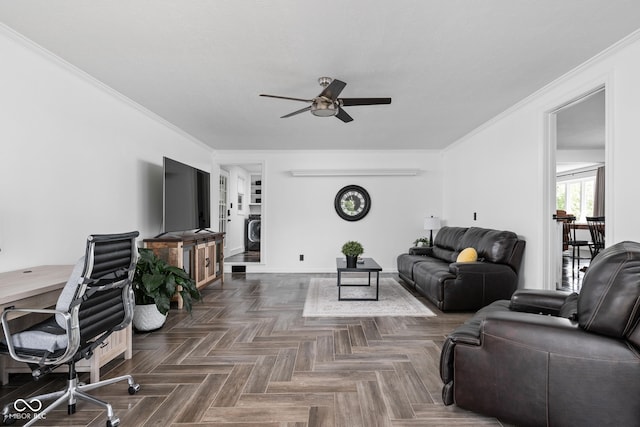 living room with ceiling fan, ornamental molding, and an office area