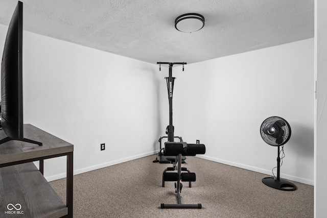 workout area featuring a textured ceiling, baseboards, and carpet
