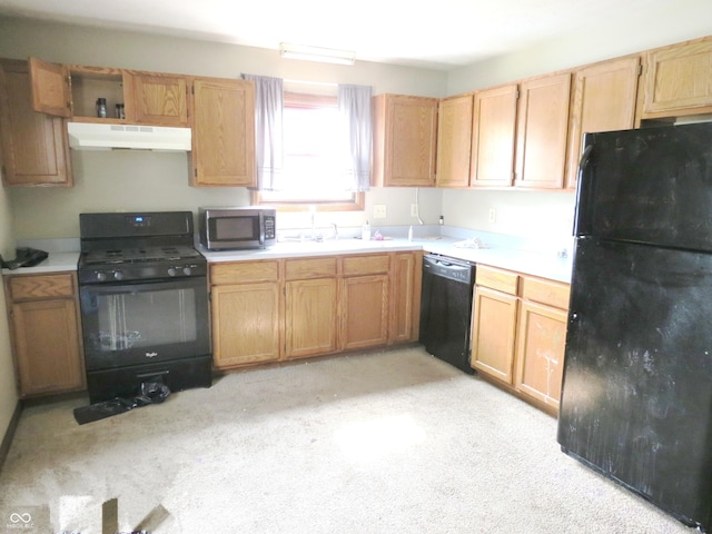 470 N Pine St, Morgantown, IN 46160 - kitchen featuring black appliances, ventilation hood, light countertops, and light carpet