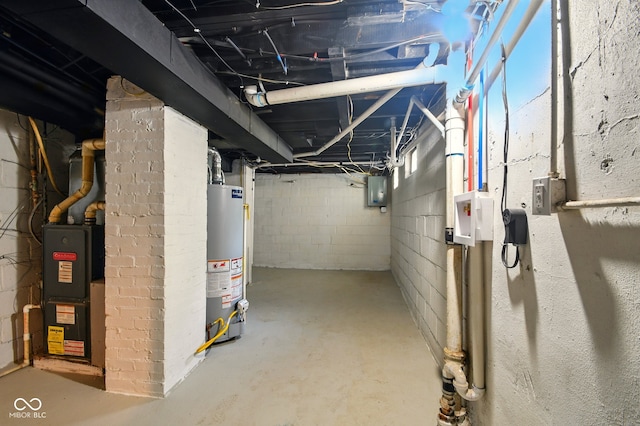 unfinished basement featuring water heater and electric panel
