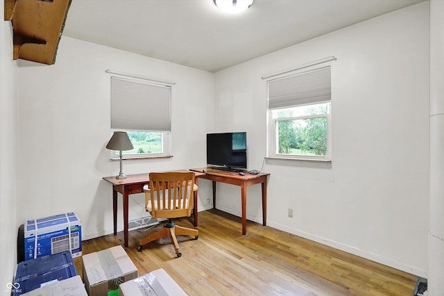 office space featuring wood finished floors and baseboards