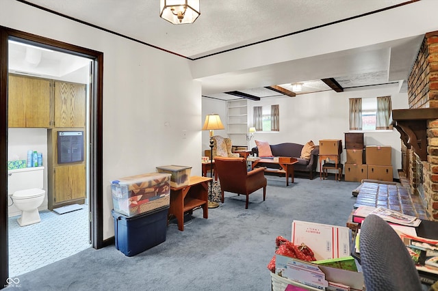 carpeted office space featuring a textured ceiling