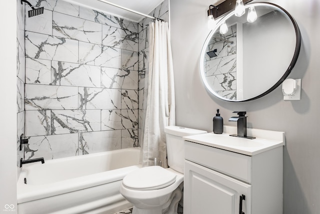 bathroom with shower / bath combo, toilet, and vanity