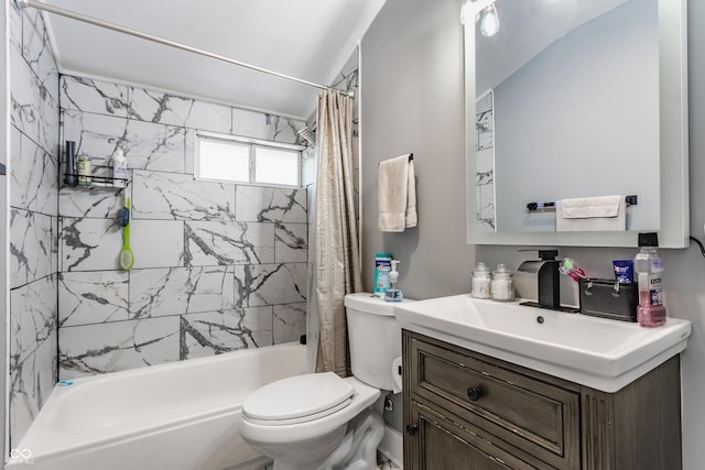 full bath with toilet, shower / bath combo, and vanity