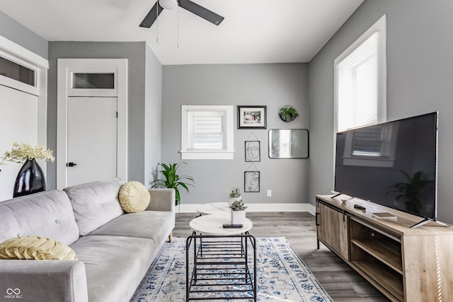 living area featuring ceiling fan, wood finished floors, and baseboards