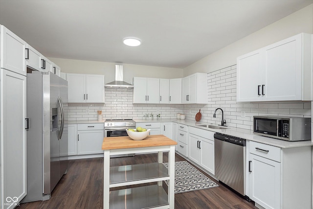 2442 Guilford Ave, Indianapolis, IN 46205 - kitchen featuring stainless steel appliances, wall chimney exhaust hood, a sink, tasteful backsplash, and white cabinetry