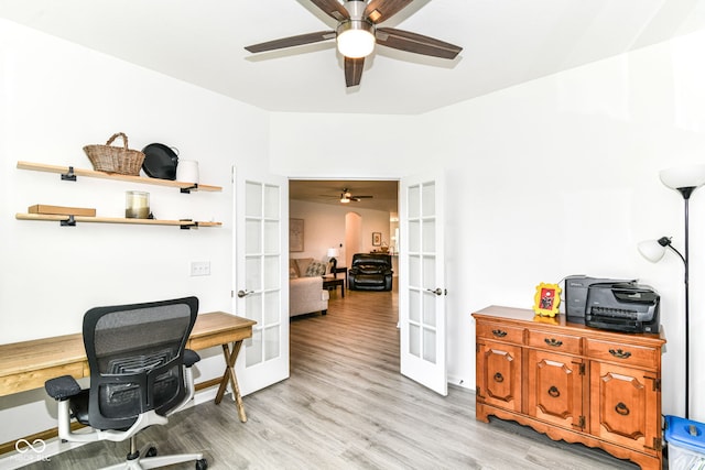 89 Kinnick Dr, Greenwood, IN 46143 - office area with french doors, a ceiling fan, light wood-type flooring, and baseboards