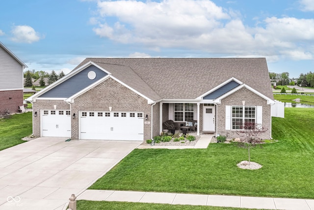 89 Kinnick Dr, Greenwood, IN 46143 - ranch-style home with brick siding, a garage, a front yard, concrete driveway, and covered porch