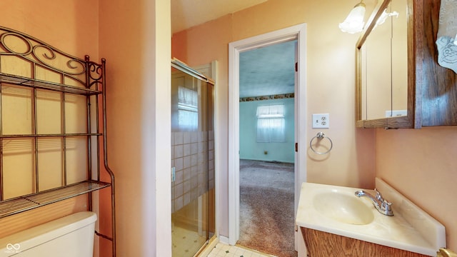 full bathroom featuring a shower stall, vanity, and toilet