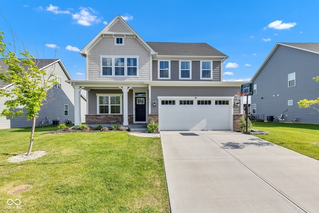 6305 Norwich Dr, Brownsburg, IN 46112 - craftsman house featuring brick siding, an attached garage, concrete driveway, a porch, and a front yard