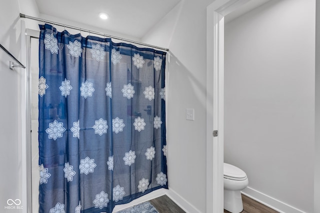 6305 Norwich Dr, Brownsburg, IN 46112 - full bathroom featuring wood finished floors, baseboards, toilet, a shower with shower curtain, and recessed lighting